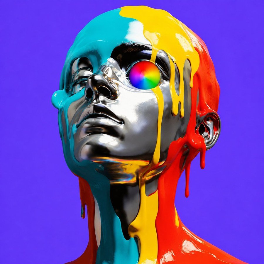 A chrome face dissolving into liquid color, one eye a color wheel