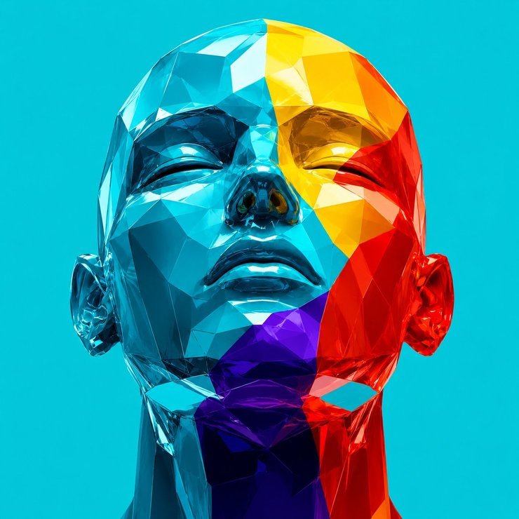 Faceted crystal head in cool electric tones